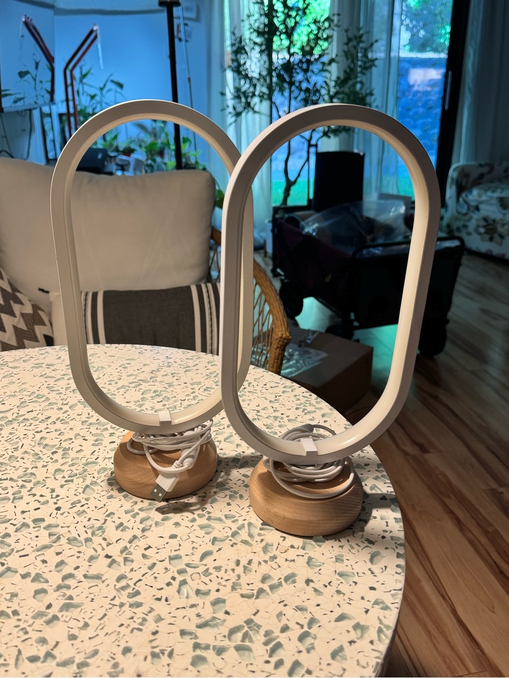 Pair of Modern Oval LED Table Lamps - White and Wood